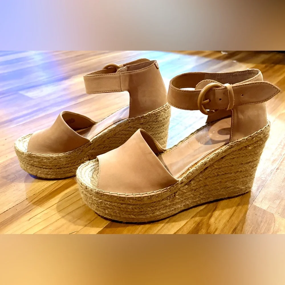Marc Fisher LTD Alida Leather Espadrille Wedge Sandal, Tan, Size 9.5